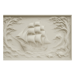 3D Sailing Ship Stone Wall Mural Waves & Trees