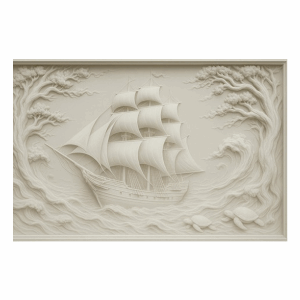 3D Sailing Ship Stone Wall Mural Waves & Trees