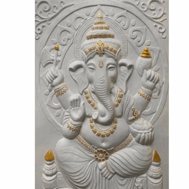 White Marble Ganesha Stone Wall Mural Gold Accents