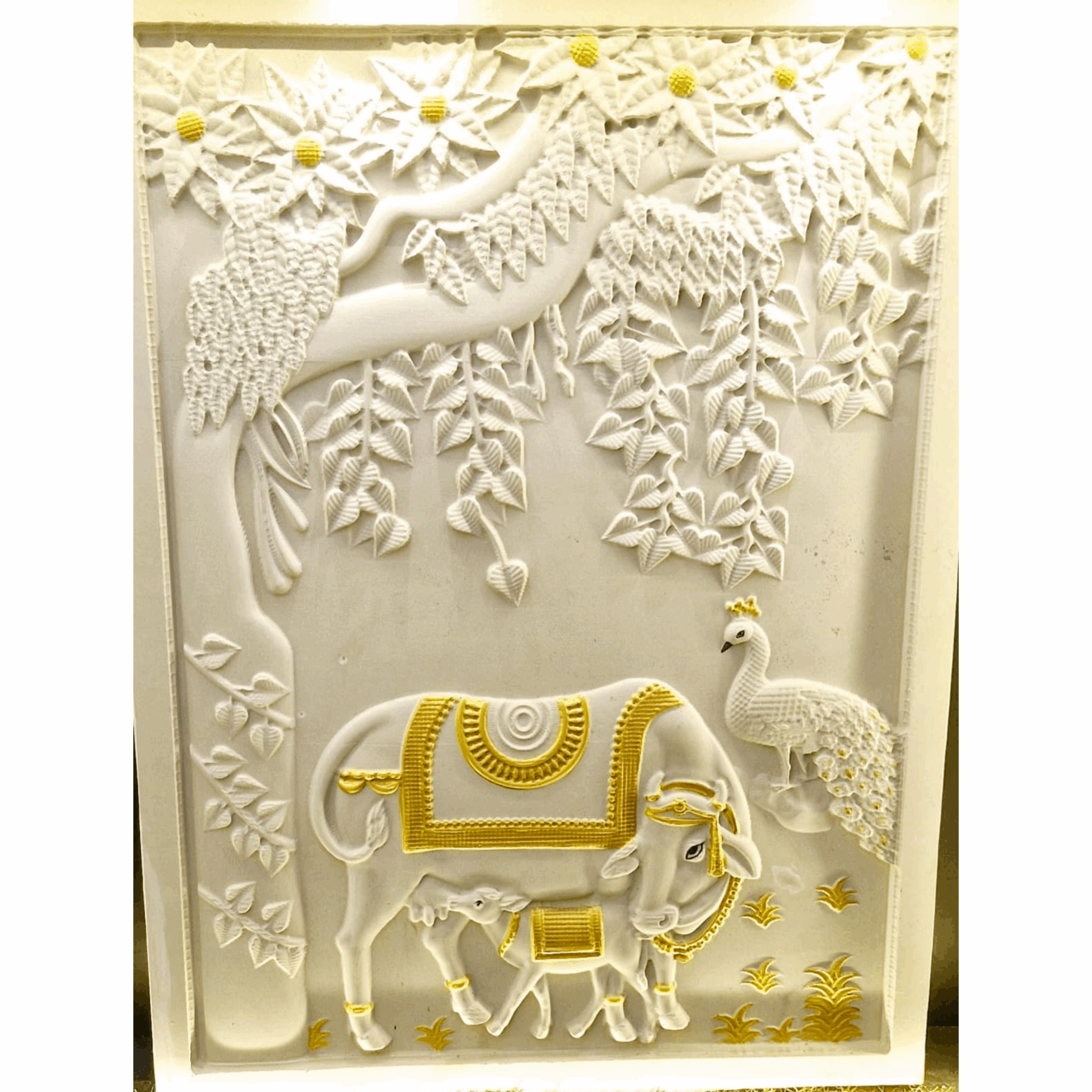 White & Gold kamadhenu stone wall mural