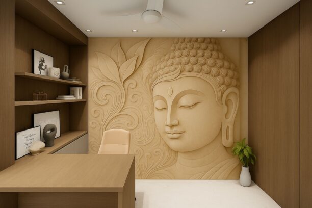 Modern 3D Buddha with Leaf Wall Mural