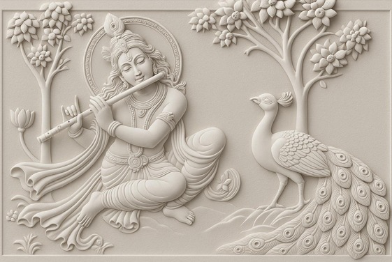 3D Lord Krishna Flute & Peacock Wall Mural