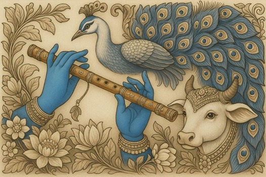 3D Krishna Peacock Cow Stone Wall Mural Panel