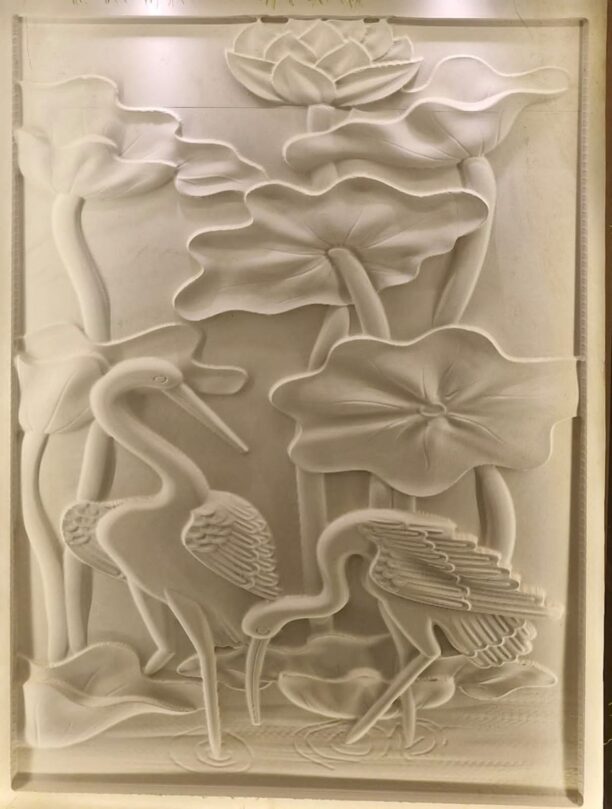 3D Lotus Pond with Cranes Stone Wall Mural Panel