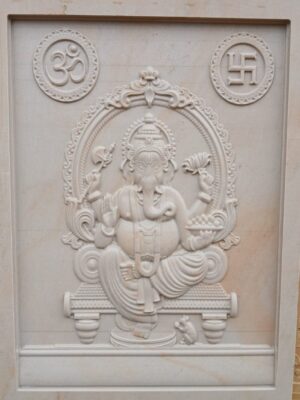Embossed Ganesha 3D Stone Wall Mural with Swastik Symbol