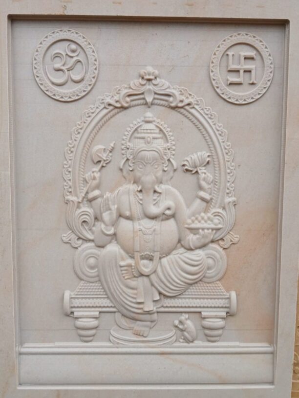 Embossed Ganesha 3D Stone Wall Mural with Swastik Symbol