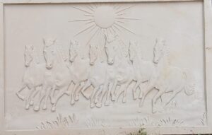 Seven Running Horses Sun Relief stone wall mural "Seven Running Horses Sun Relief Stone Wall Mural