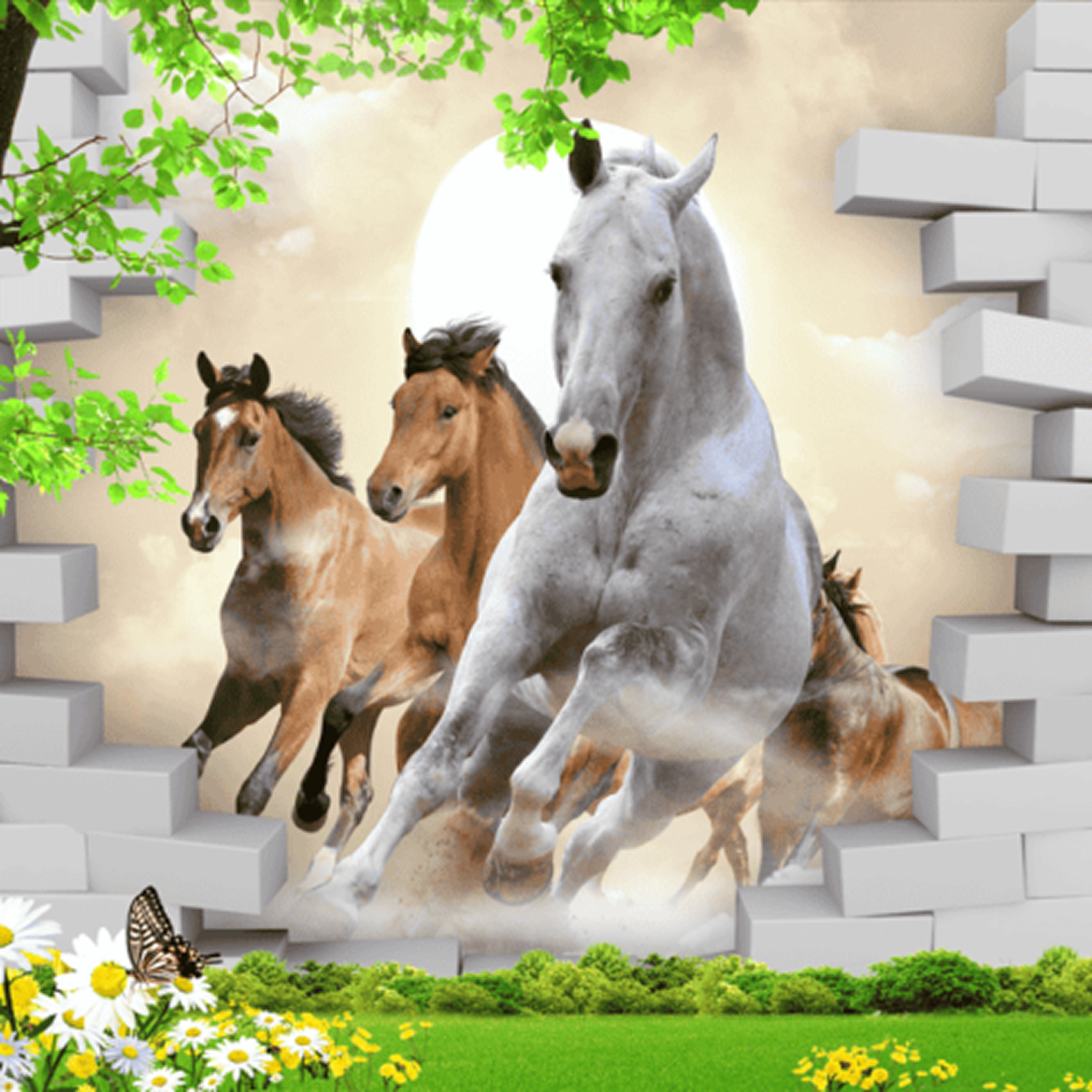 3D Running Horses Wall Mural